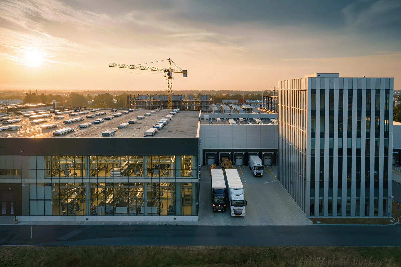 Modern ipari park: gyártócsarnok, logisztikai raktár, irodaház és építkezés toronydaruval