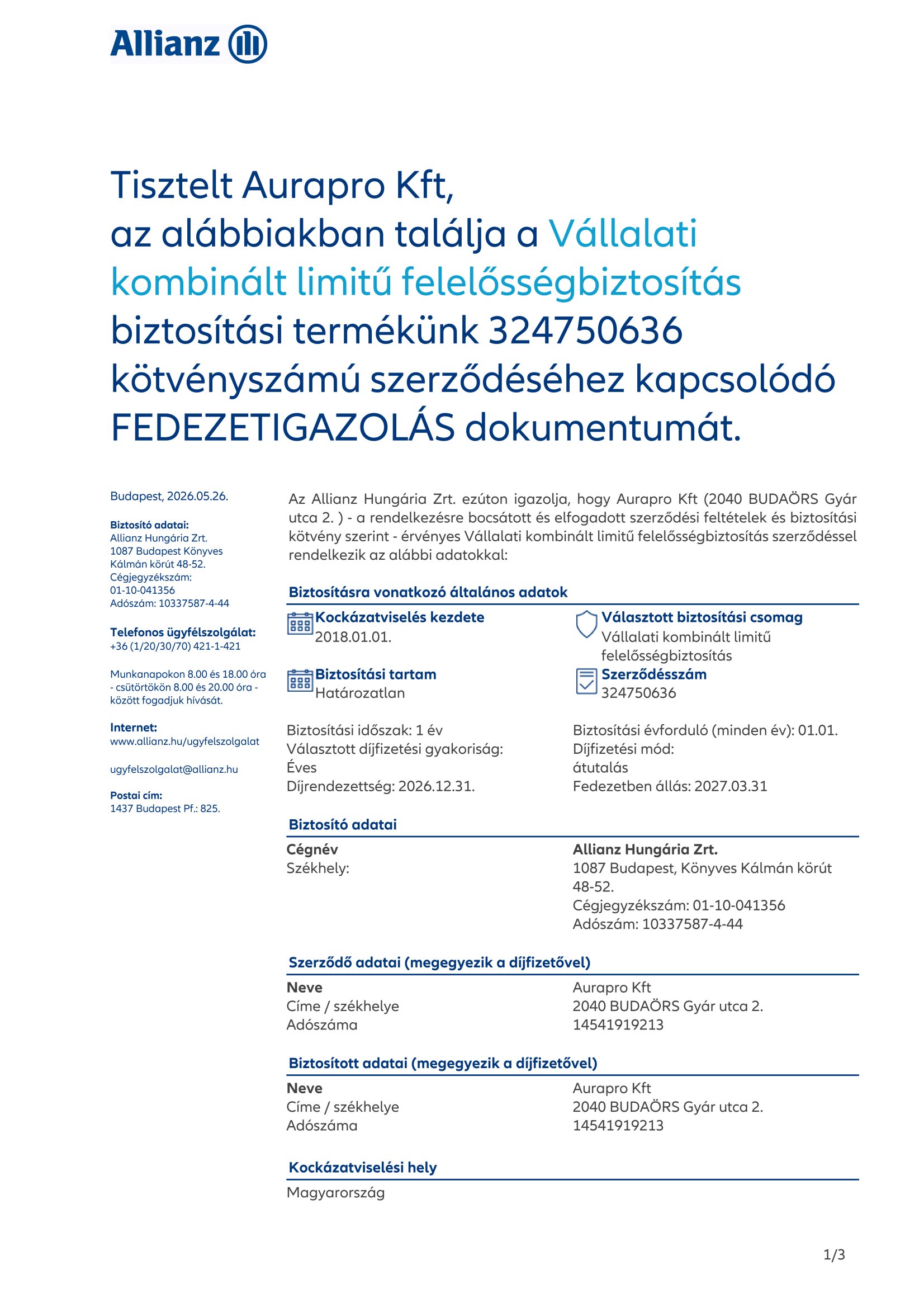 Allianz biztosítási kötvény (324750636) – első oldal